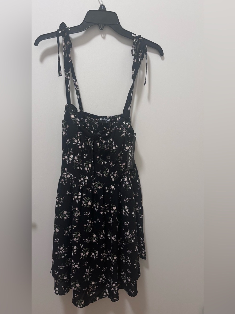 Black Floral Tie-Shoulder Mini Dress with Pockets